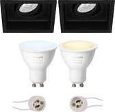 Pragmi Domy Pro - Inbouw Vierkant - Mat Zwart - Verdiept - Kantelbaar - 105mm - Philips Hue - LED Spot Set GU10 - White Ambiance - Bluetooth