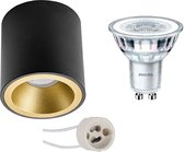 Opbouwspot Set - Pragmi Cliron Pro - GU10 Fitting - Opbouw Rond - Mat Zwart/Goud - Verdiept - Ø90mm - Philips - CorePro 827 36D - 4W - Warm Wit 2700K - Dimbaar