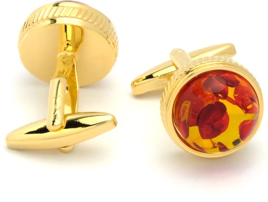 Manchetknopen - Goud Rond met Rood en Witte Steen