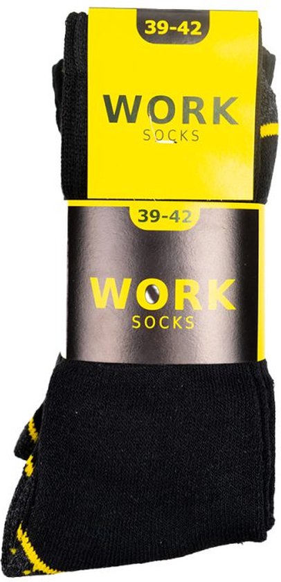 Verpakking van zwarte werksokken maat 39-42 met 'WORK SOCKS' opdruk.