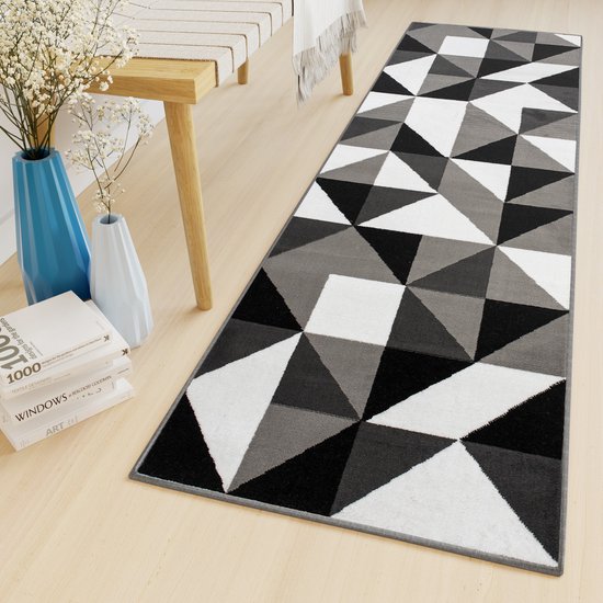 Tapiso Luxury Carpet Runner Grijs Zwart Wit Géométrique Couloir Salon Tapis Taille - 100x300
