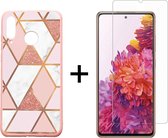 Samsung S21 Plus Hoesje - Samsung Galaxy S21 Plus Hoesje Marmer Roze Driehoek Print Siliconen Case - 1x Samsung S21 Plus Screenprotector