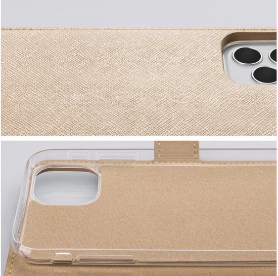 Étui de téléphone doré avec gros plan de la texture et de l'objectif de l'appareil photo.