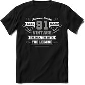 91 Jaar Legend T-Shirt | Zilver - Wit | Grappig Verjaardag en Feest Cadeau | Dames - Heren - Unisex | Kleding Kado | - Zwart - XL