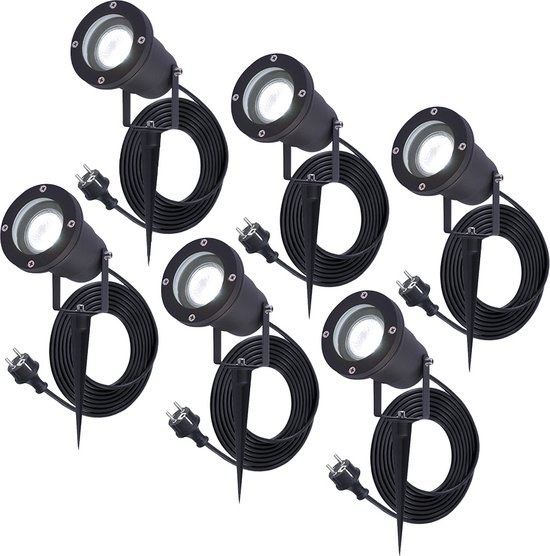 HOFTRONIC™ 6x Sydney Prikspot - GU10 - Plug & Play - Daglicht wit 6000K - 5 Watt - Voor buiten - Priklamp - Zwart - Grondspies - 1.5 meter netsnoer - Tuin spots,