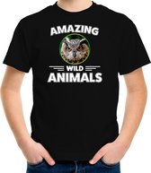 T-shirt uil - zwart - kinderen - amazing wild animals - cadeau shirt uil / uilen liefhebber S (122-128)