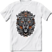 Wolf - Dieren Mandala T-Shirt | Oranje | Grappig Verjaardag Zentangle Dierenkop Cadeau Shirt | Dames - Heren - Unisex | Wildlife Tshirt Kleding Kado | - Wit - 3XL