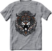 Tijger - Dieren Mandala T-Shirt | Oranje | Grappig Verjaardag Zentangle Dierenkop Cadeau Shirt | Dames - Heren - Unisex | Wildlife Tshirt Kleding Kado | - Donker Grijs - Gemaleerd