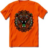 Beer - Dieren Mandala T-Shirt | Groen | Grappig Verjaardag Zentangle Dierenkop Cadeau Shirt | Dames - Heren - Unisex | Wildlife Tshirt Kleding Kado | - Oranje - XL