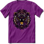 Beer - Dieren Mandala T-Shirt | Geel | Grappig Verjaardag Zentangle Dierenkop Cadeau Shirt | Dames - Heren - Unisex | Wildlife Tshirt Kleding Kado | - Paars - L