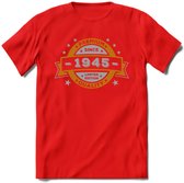 Premium Since 1945 T-Shirt | Zilver - Goud | Grappig Verjaardag en Feest Cadeau Shirt | Dames - Heren - Unisex | Tshirt Kleding Kado | - Rood - XXL