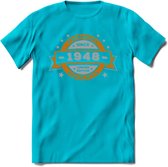 Premium Since 1948 T-Shirt | Zilver - Goud | Grappig Verjaardag en Feest Cadeau Shirt | Dames - Heren - Unisex | Tshirt Kleding Kado | - Blauw - 3XL