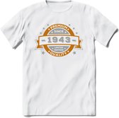 Premium Since 1943 T-Shirt | Zilver - Goud | Grappig Verjaardag en Feest Cadeau Shirt | Dames - Heren - Unisex | Tshirt Kleding Kado | - Wit - 3XL