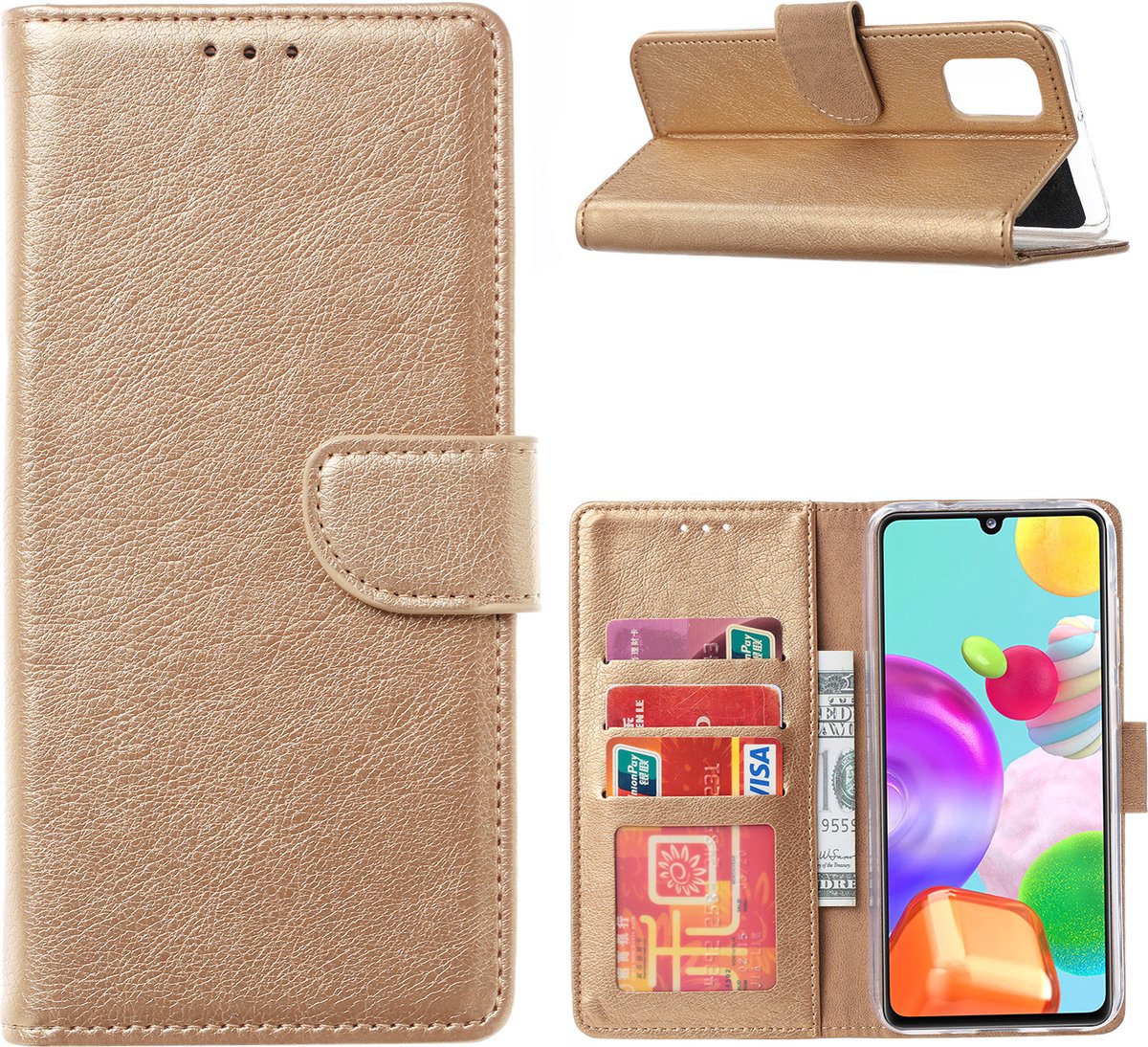 LuxeBass Hoesje geschikt voor Samsung Galaxy A41 - Bookcase Goud - portemonnee hoesje - telefoonhoes - gsm hoes - telefoonhoesjes