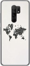 Geschikt voor Xiaomi Redmi 9 hoesje - Wereldkaart - Cijfers - Zwart - Siliconen Telefoonhoesje