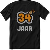 34 Jaar Feest T-Shirt | Goud - Zilver | Grappig Verjaardag Cadeau Shirt | Dames - Heren - Unisex | Tshirt Kleding Kado | - Zwart - S