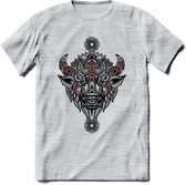 Bizon - Dieren Mandala T-Shirt | Rood | Grappig Verjaardag Zentangle Dierenkop Cadeau Shirt | Dames - Heren - Unisex | Wildlife Tshirt Kleding Kado | - Licht Grijs - Gemaleerd - XL