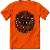 Beer - Dieren Mandala T-Shirt | Rood | Grappig Verjaardag Zentangle Dierenkop Cadeau Shirt | Dames - Heren - Unisex | Wildlife Tshirt Kleding Kado | - Oranje - XXL