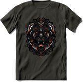 Leeuw - Dieren Mandala T-Shirt | Oranje | Grappig Verjaardag Zentangle Dierenkop Cadeau Shirt | Dames - Heren - Unisex | Wildlife Tshirt Kleding Kado | - Donker Grijs - 3XL