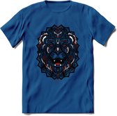 Leeuw - Dieren Mandala T-Shirt | Rood | Grappig Verjaardag Zentangle Dierenkop Cadeau Shirt | Dames - Heren - Unisex | Wildlife Tshirt Kleding Kado | - Donker Blauw - 3XL