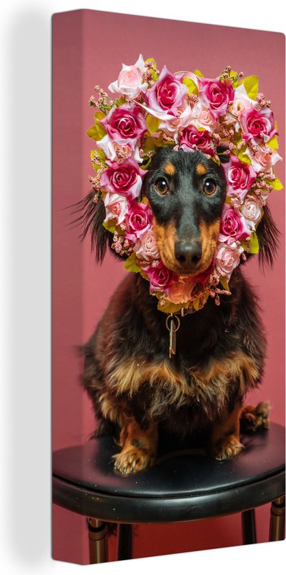 Tableau Toile Animal - Fleurs - Chien - 80x160 cm - Décoration murale