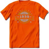 Premium Since 1939 T-Shirt | Goud - Zilver | Grappig Verjaardag Kleding Cadeau Shirt | Dames - Heren - Unisex Tshirt | - Oranje - XL