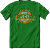 Premium Since 1947 T-Shirt | Goud - Zilver | Grappig Verjaardag Kleding Cadeau Shirt | Dames - Heren - Unisex Tshirt | - Donker Groen - S