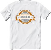 Premium Since 1948 T-Shirt | Goud - Zilver | Grappig Verjaardag Kleding Cadeau Shirt | Dames - Heren - Unisex Tshirt | - Wit - 3XL