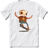 Casual skelet T-Shirt Grappig | Dieren halloween Kleding Kado Heren / Dames | Animal Skateboard Cadeau shirt - Wit - XL