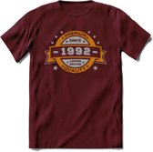 Premium Since 1992 T-Shirt | Goud - Zilver | Grappig Verjaardag Kleding Cadeau Shirt | Dames - Heren - Unisex Tshirt | - Burgundy - M