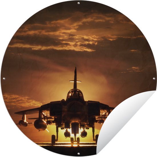 Tuincirkel Een silhouet van een straaljager tijdens een zonsondergang - 60x60 cm - Ronde Tuinposter - Buiten