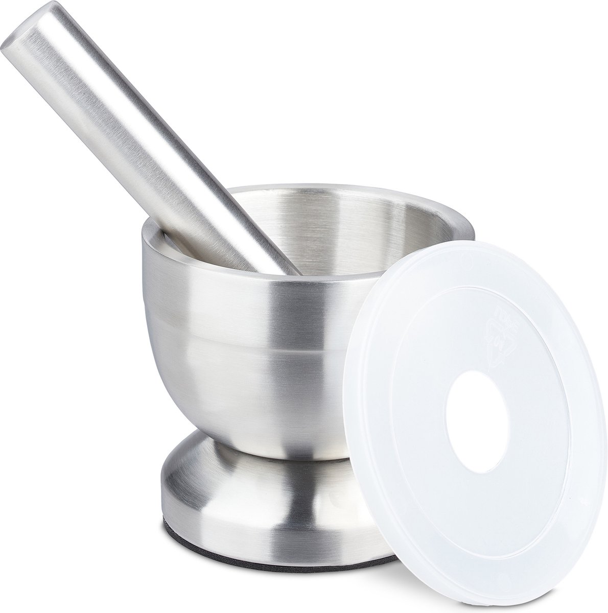 vijzel en stamper rvs - met deksel - voor specerijen - slipvast - Ø 10 cm - 200 ml - grijs