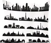 Sierkussens - Kussen - Zwart-wit illustratie van de skyline van steden met bezienswaardigheden - 45x45 cm - Kussen van katoen