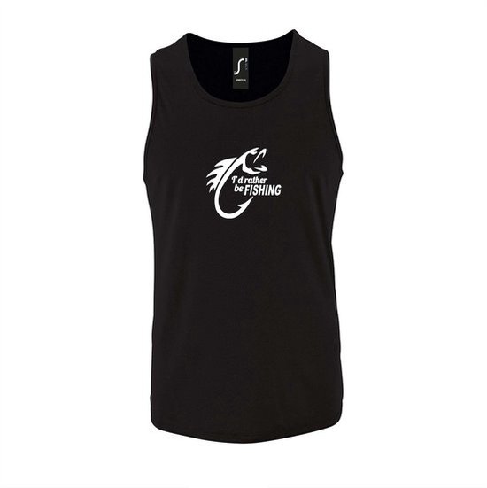 Foto: Zwarte tanktop sportshirt met i d rather be fishing in ga liever vissen print wit size l