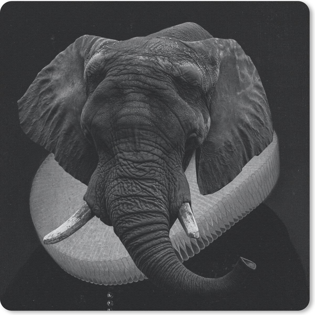 Muismat 30x30 cm - Mousepad Schilderij - Olifant - Zwart - Wit - Muismatten