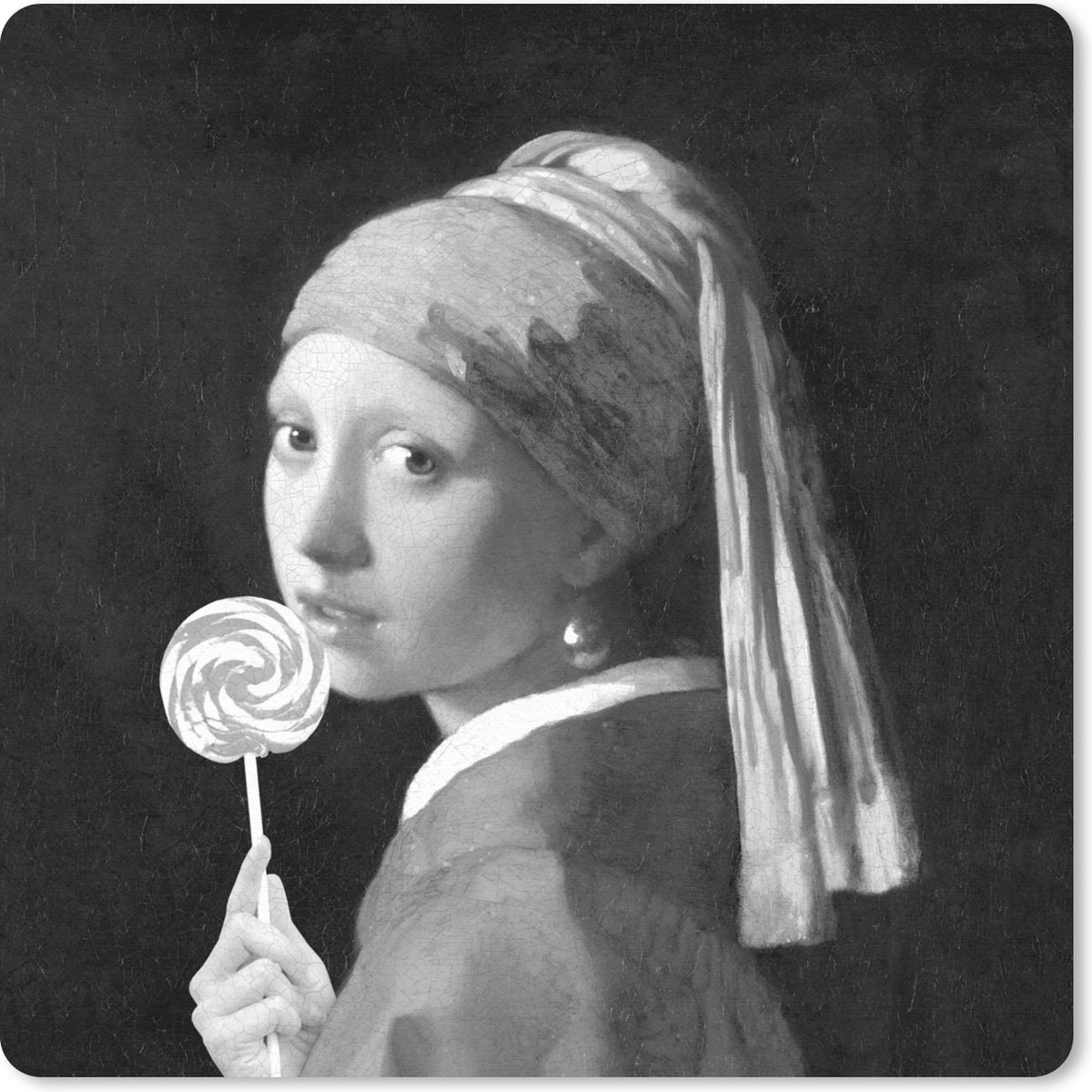 Muismat 30x30 cm - Mousepad Het meisje met de parel - Johannes Vermeer - Zwart - Wit - Muismatten
