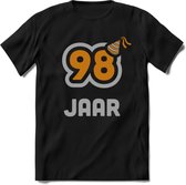 98 Jaar Feest T-Shirt | Goud - Zilver | Grappig Verjaardag Cadeau Shirt | Dames - Heren - Unisex | Tshirt Kleding Kado | - Zwart - 3XL