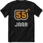 55 Jaar Feest T-Shirt | Goud - Zilver | Grappig Verjaardag Cadeau Shirt | Dames - Heren - Unisex | Tshirt Kleding Kado | - Zwart - L