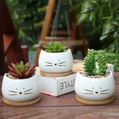 Set van 3 kleine bloempotten witte kat keramische bloempotten + 3 ronde steunen | Ideale Cactus Op Het Bureau | Buiten, binnen raamrand | Decoratie | Bonsaischaal |