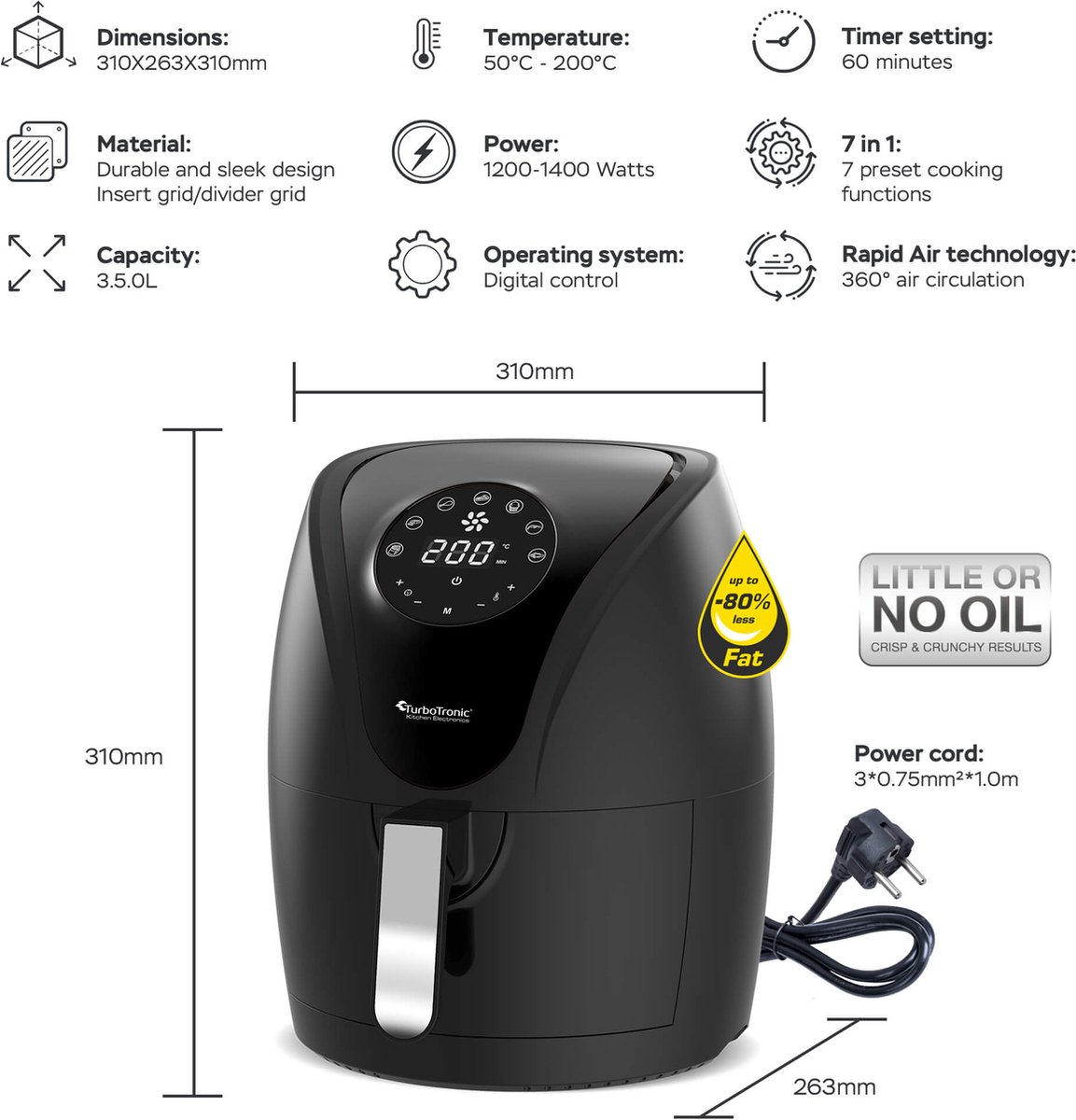 TurboTronic AF9D Airfryer 3,5L Heteluchtfriteuse Digitaal 7 Programma's Olievrij Gezond Zwart/Zilver - Afbeelding 4
