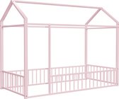 Merax Kinderbed 90 x 200 cm - Metalen Bed - Huisbed met Uitvalbeveiliging - Roze