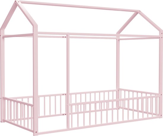 Lit enfant Merax 90 x 200 cm - Lit en métal - Lit cabane avec protection antichute - Rose