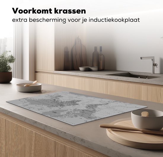 KitchenYeah® Inductie beschermer 81.2x52 cm - Abstracte wereldkaart met schaduwen - zwart wit - Kookplaataccessoires - Afdekplaat voor kookplaat - Inductiebeschermer - Inductiemat - Inductieplaat mat