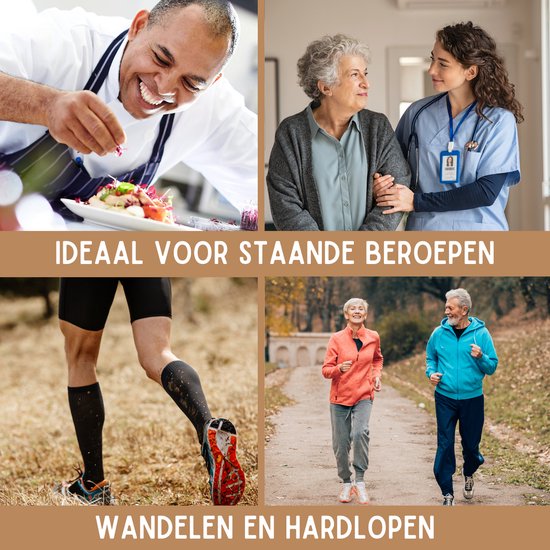 Collage van mensen die hardlopen, wandelen, reizen en werken in de horeca.