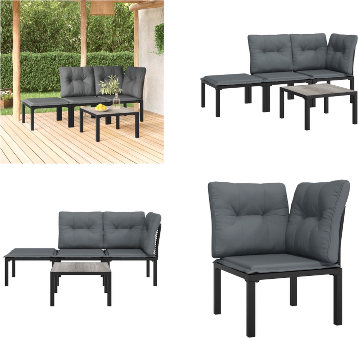 vidaXL 4-delige - Loungeset - poly - rattan - zwart - en - grijs