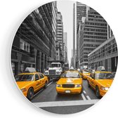 Artaza Forex Muurcirkel New York Gele Taxi's - Zwart Wit - 60x60 cm - Wandbord - Wandcirkel - Rond Schilderij - Wanddecoratie Cirkel