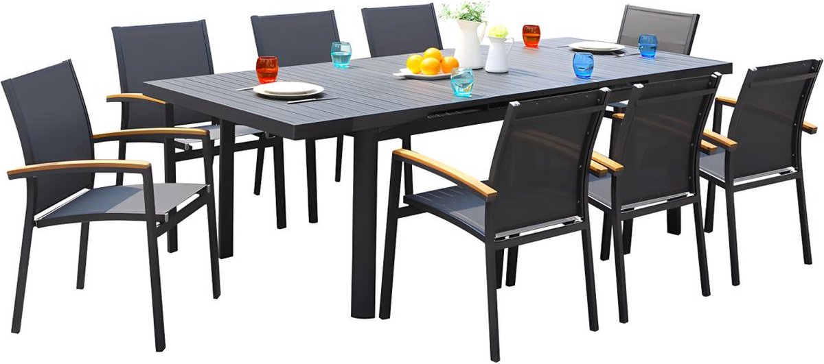 MYLIA Tuineetset NAURU van aluminium : een uitschuifbare tafel 180/240cm en 8 stapelbare fauteuils - Antraciet L 240 cm x H 89 cm x D 100 cm