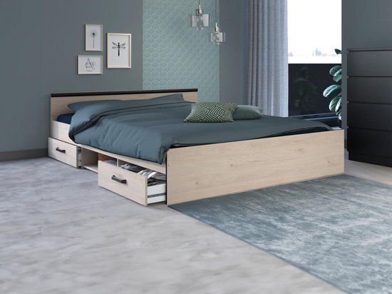 Bed met opbergruimte 160 x 200 cm - 2 laden en 1 nis - Kleur: naturel + bedbodem - PABLO L 166 cm x H 59 cm x D 203 cm