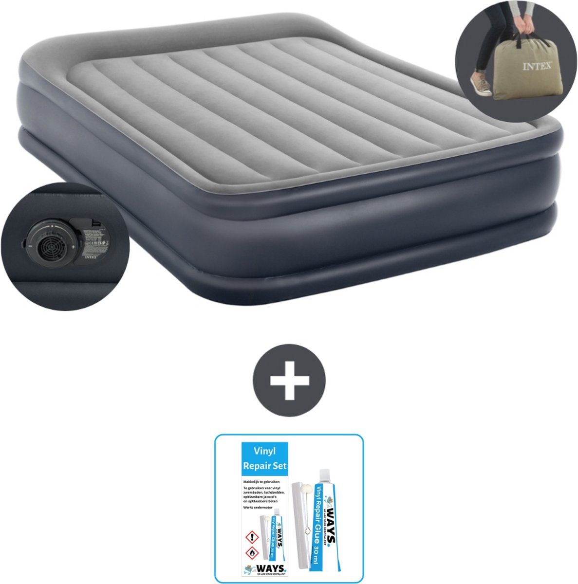 Intex Luchtbed - 2-Persoons - 152 x 203 x 42 cm - Grijs - Inclusief pomp - Reparatieset