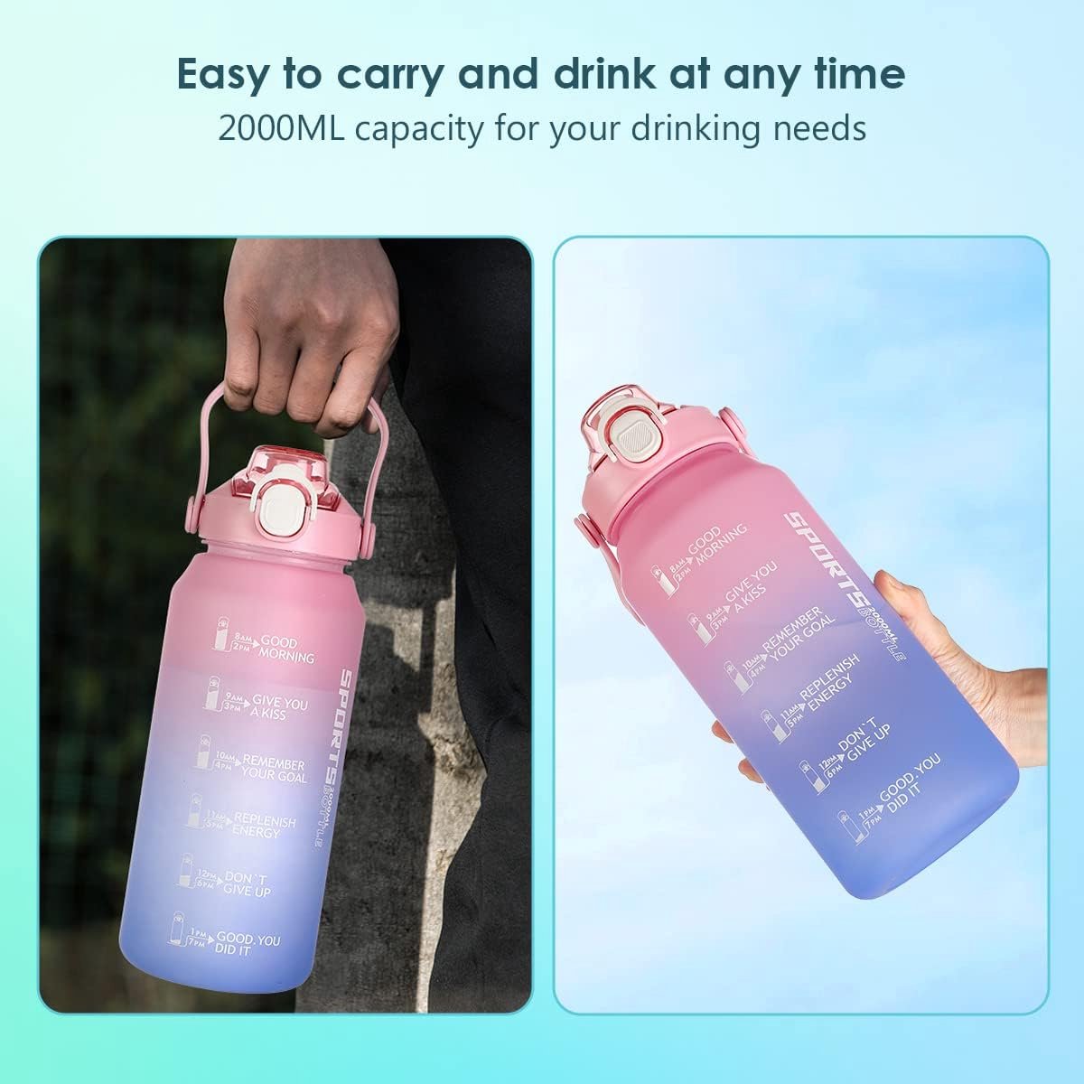 waterfles, 2 liter sportfles, geïnspireerde tijdmarkeerder, fles met rietje, BPA-vrij waterfles, 2 liter sportfles, geïnspireerde tijdmarkeerder, fles met rietje, BPA-vrij